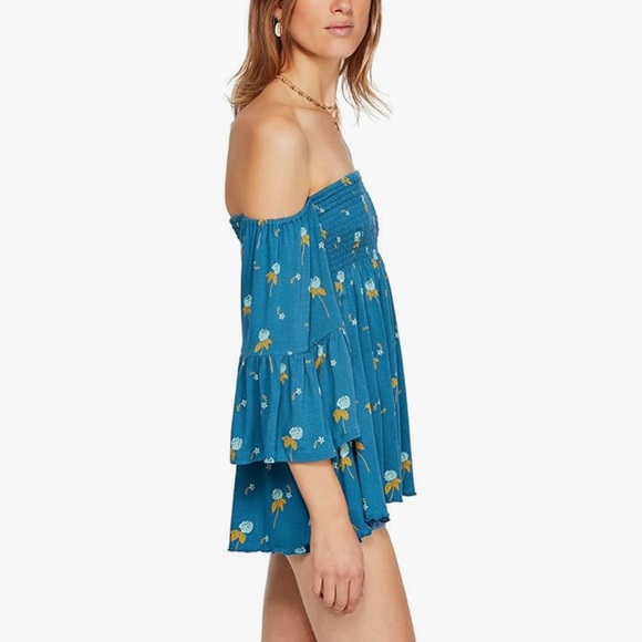 Free People Lana Floral Tunic Off Shoulder Smocked Bohemian Flowy Bell Sleeves - Picture 5 of 9